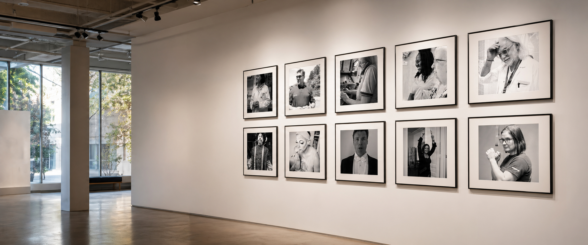 Ausstellung mit gerahmten Portraits und Job Reality Logo